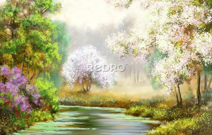 Canvas De lente, boom, rivier, schilderijen landschap