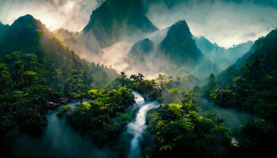 Canvas De majestueuze jungle in de mist