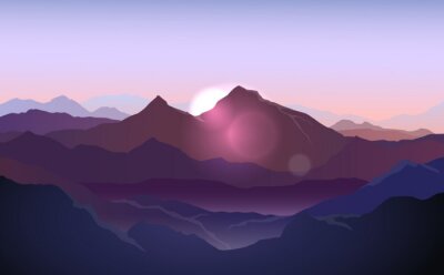 Canvas De opkomende zon van achter de berg silhouetten