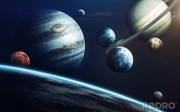 Canvas De planeten van het zonnestelsel op een marineblauwe achtergrond