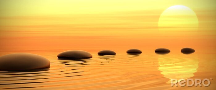 Canvas De weg van Zen stenen op de zonsondergang in breedbeeld