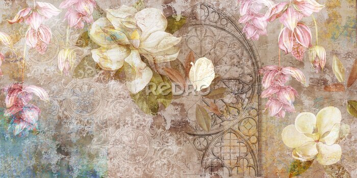 Canvas Design for mural, wallpaper, photo wallpaper, card, postcard. Floral background. Magnolia, jasmine flowers illustration.