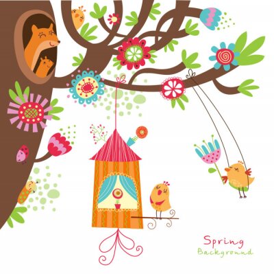 Dierlijke bewoners van een kleurrijke illustratie van een boomsprookje