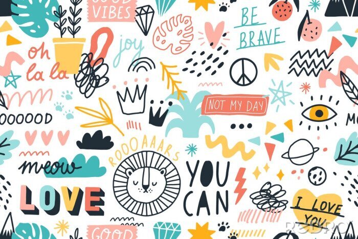 Canvas Different hand drawn design elements animals, plants, symbols and handwritten slogans seamless pattern. Various colorful phrases and inscriptions on white. Vector flat illustration in doodle style