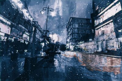 Canvas Digital painting of buildings in dark tone, city in night time with walking people