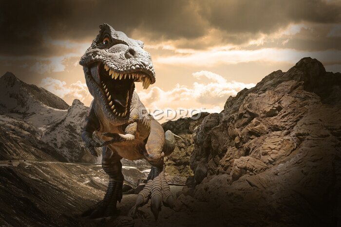 Canvas Dinosaurus op een achtergrond van bergrotsen