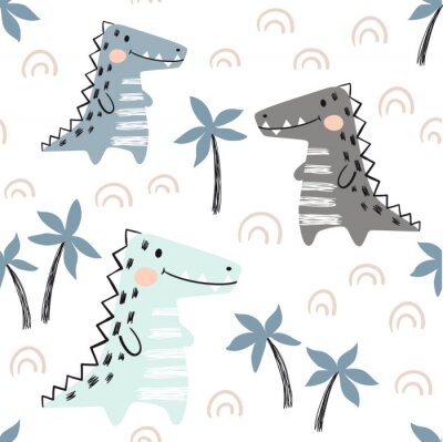 Dinosaurussen en palmbomen voor kinderen in scandinavische stijl