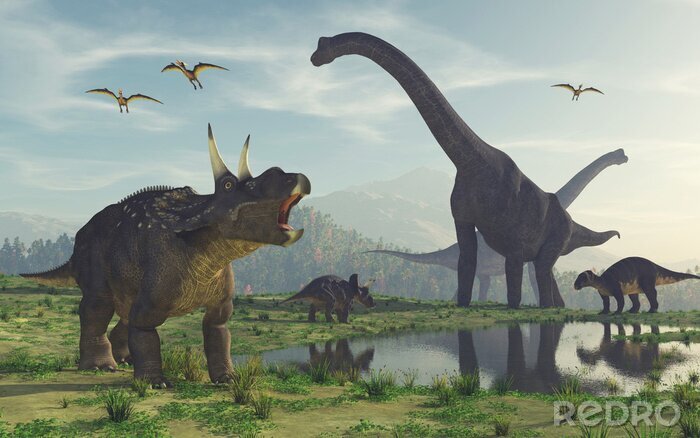Canvas Dinosaurussen in hun natuurlijke omgeving