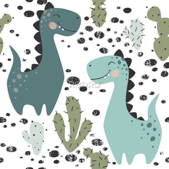 Canvas Dinosaurussen tussen cactussen in Scandinavische stijl