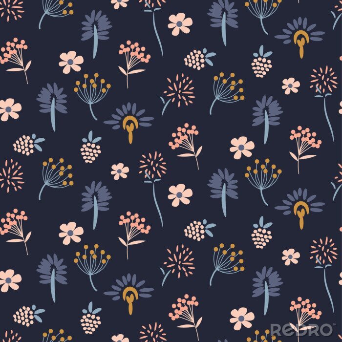 Canvas Diverse bloemen op donkerblauwe grafische achtergrond