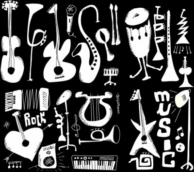 Canvas doodles muziekinstrumenten grappige muziek geïsoleerd op zwart