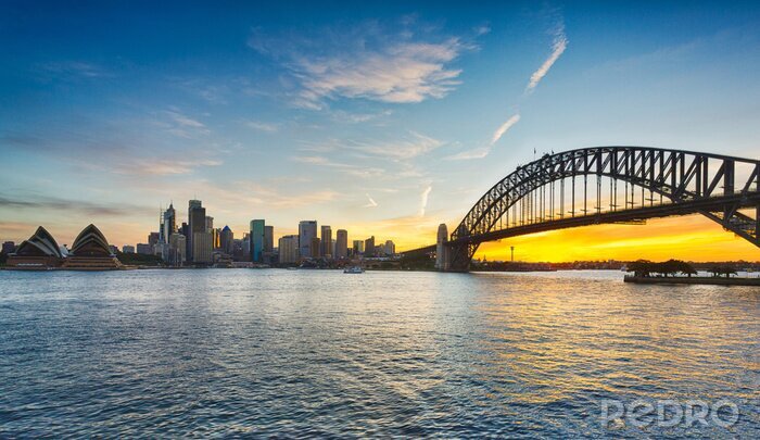 Canvas Dramatische panoramische zonsondergang foto haven van Sydney