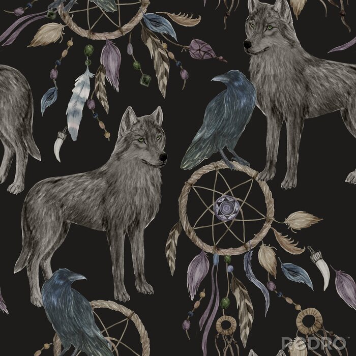 Canvas Dream catcher wolven op een zwarte achtergrond