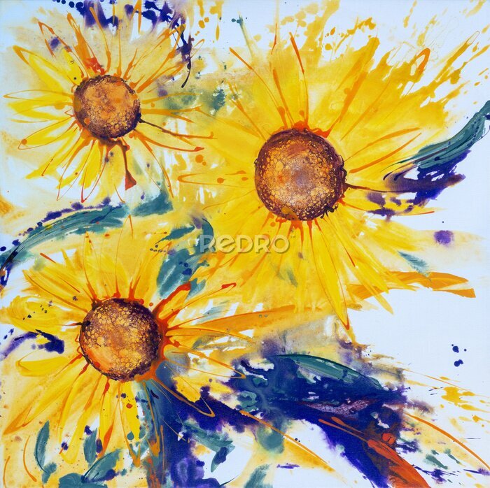 Canvas Drie bloeiende zonnebloemen