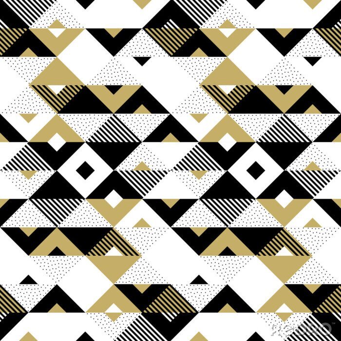 Canvas Driehoek geometrische abstracte gouden naadloze patroon. Vector achtergrond van zwart, wit en goud driehoekig patroon of vierkante swatch ornament textuur of mozaïek ontwerp achtergrond tegel sjabloon