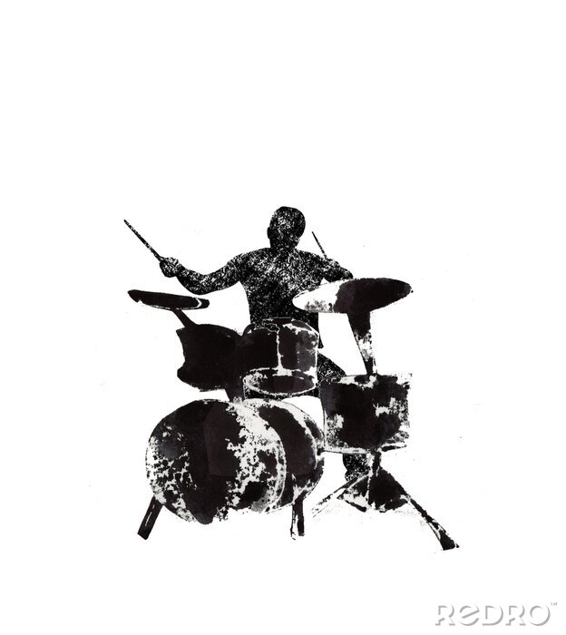 Canvas drummer behind the drum, musical instruments, black and white graphics, abstraction