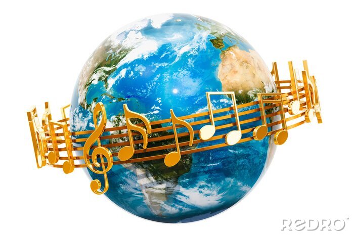 Canvas Earth Globe met rond muzieknoten, 3D-rendering