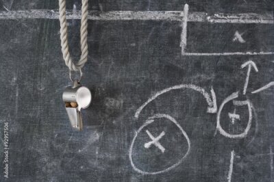 Een diagram van een voetbalwedstrijd getekend met krijt op een schoolbord