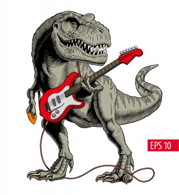 Een dinosaurus die een elektrische gitaar speelt