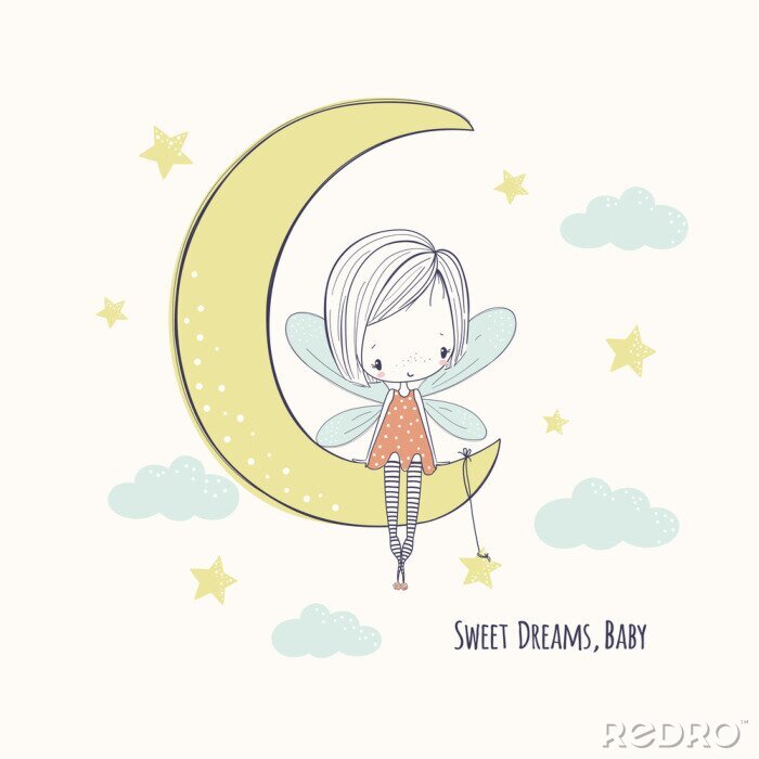 Canvas Een fee op de maan met een ster eraan