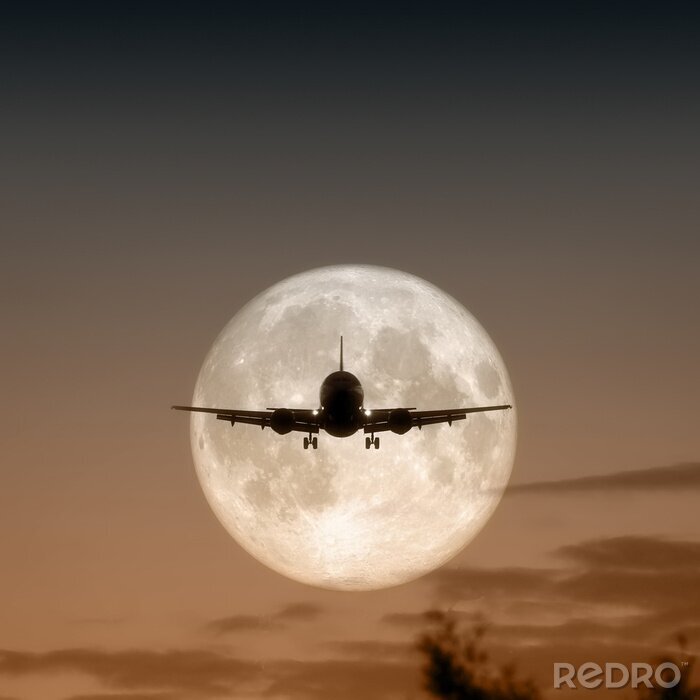Canvas Een fotografie van een jet vliegtuig in de maan