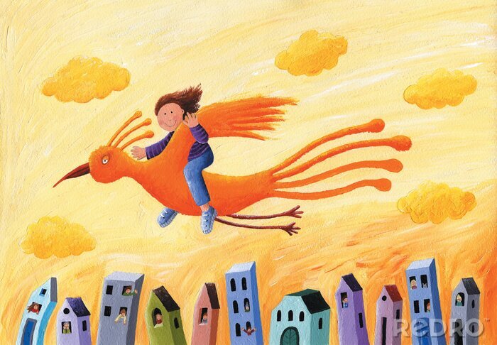 Canvas Een jongen vliegt over een dorp op een oranje vogel