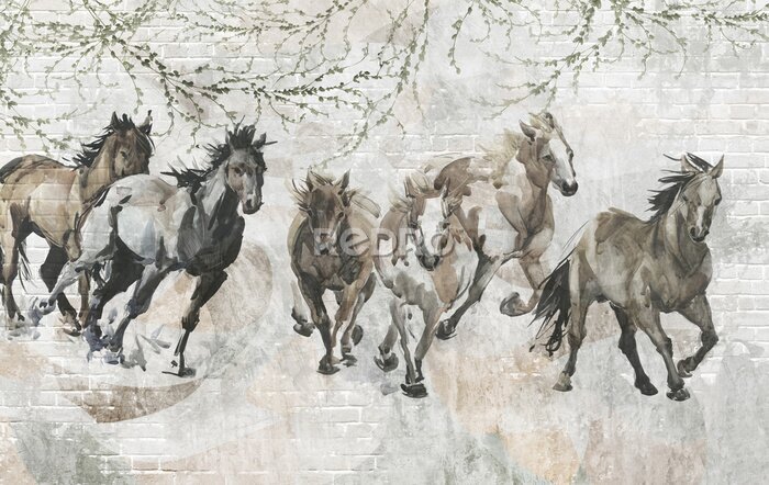 Canvas Een kudde paarden in aquarelstijl tegen een bakstenen muur.