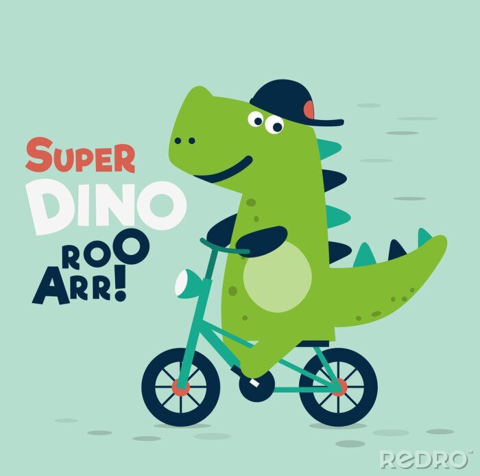 Canvas Een lachende dinosaurus op een groene fiets