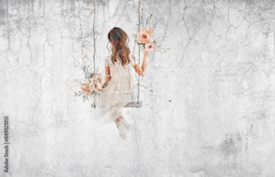 Een meisje op een schommel met bloemen op een betonnen achtergrond.