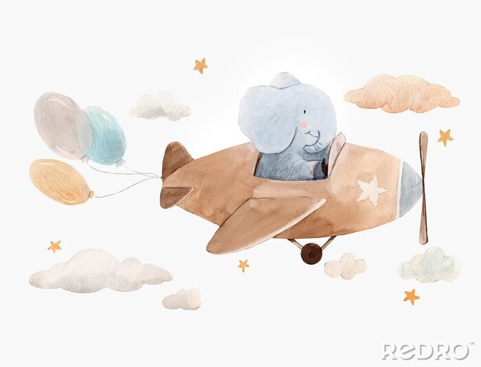 Canvas Een olifant in een vliegtuig die ballonnen trekt
