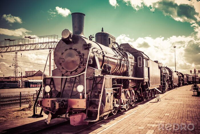 Canvas Een oude locomotief op een retrofoto