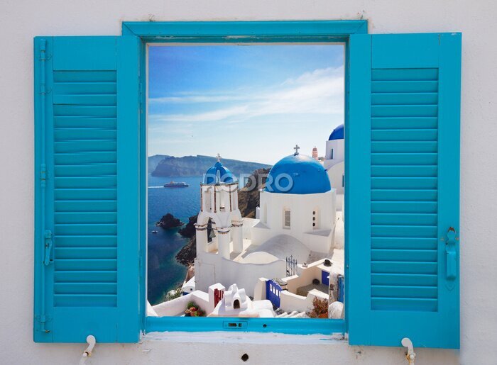 Canvas Een raam met luiken op Santorini