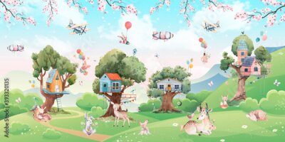 Fotobehang Een sprookjesland met dieren en boomhutten