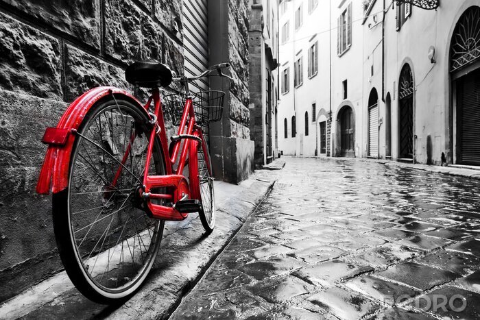Canvas Een straat in de stad en een rode fiets