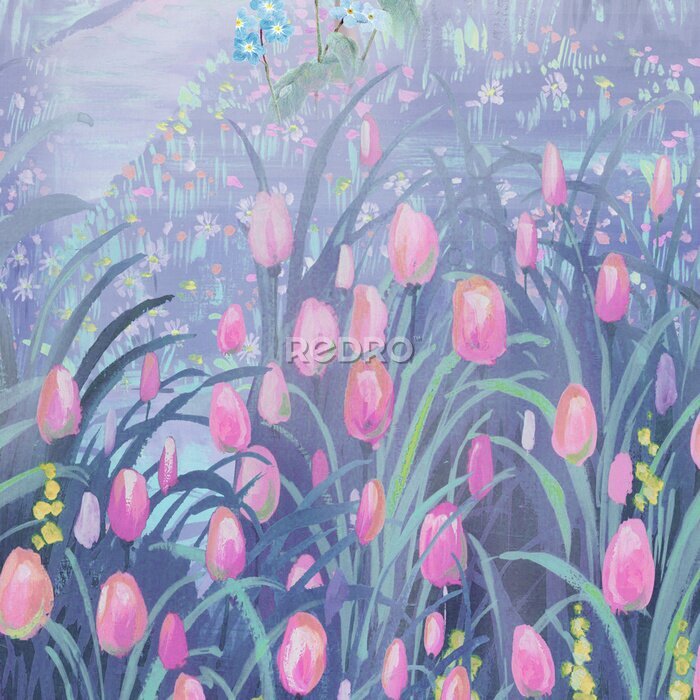 Canvas Een veld met roze tulpen