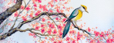 Canvas Een vogel op een lenteboom