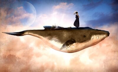 Canvas Een vrouw die op een walvis reist