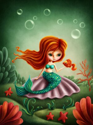 Een zeemeermin met rood haar en een groene staart en een goudvis