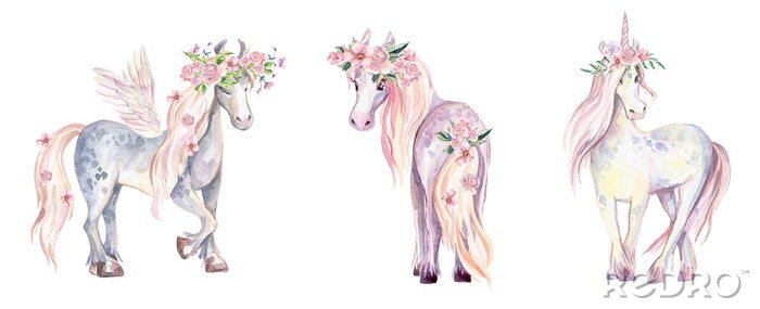 Canvas Eenhoorn paard en pegasus versierd met bloemen