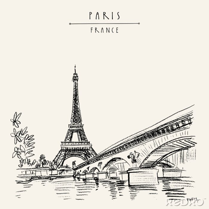 Canvas Eiffel Tower in Paris, France. Vintage hand drawn touristic postcard