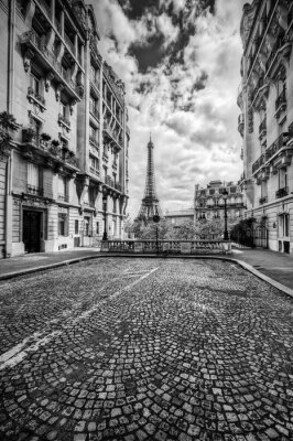 Eiffeltoren gezien vanaf de straat in Parijs, Frankrijk. Zwart en wit