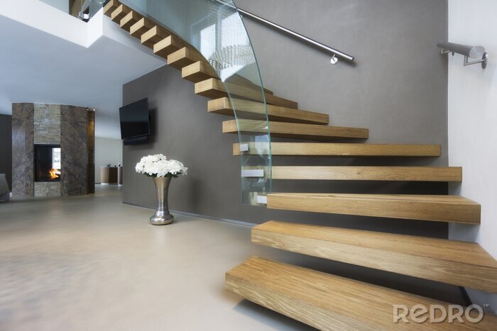 Canvas elegant wood and glass staircase in luxury home