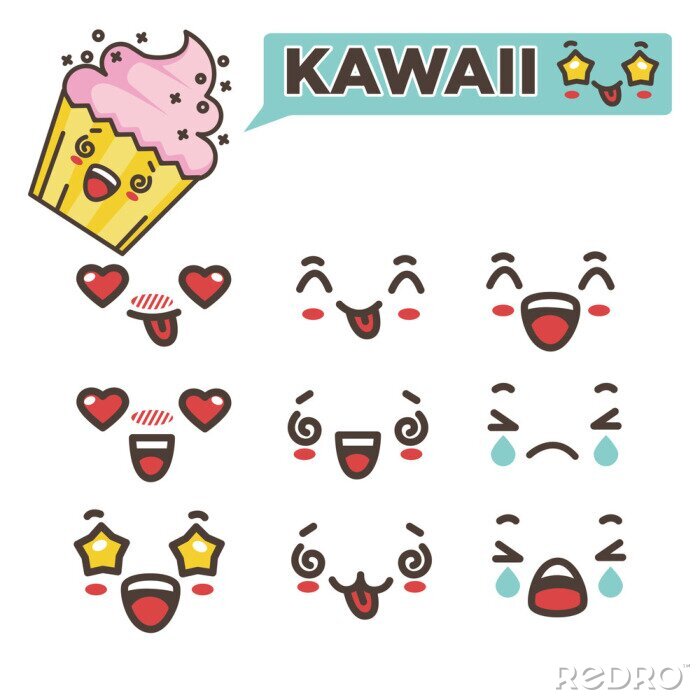 Canvas Emoji's van Kawaii plaatsen Aziatische Japanse smileys vectorillustratie