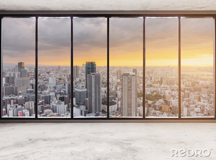 Canvas Empty modern interior space with skyscraper city view in sunset, Empty Business Office Interior