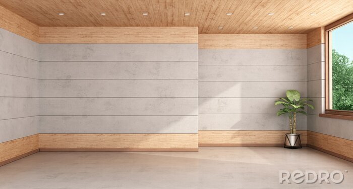 Canvas Empty room with concrete and wooden paneling