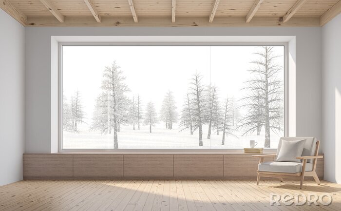 Canvas Empty room with snow scene background 3d render,There are white wall,wooden floor and ceiling,wood seat,decorate with fabric chair.There are big  windows look out to see nature view.