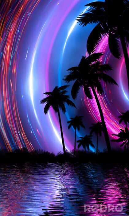 Canvas Empty tropical background of night sea beach. Silhouettes of tropical palm trees on a background of bright sunset. 3d illustration