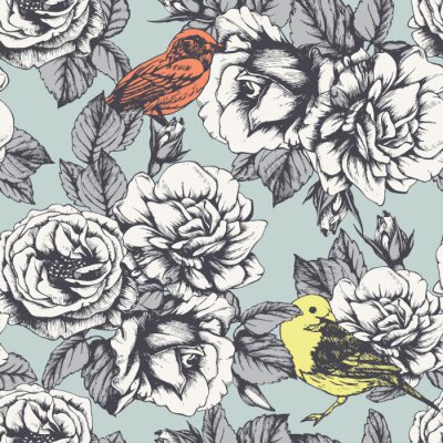 Engelse rozen en kleurrijke grafische vogels