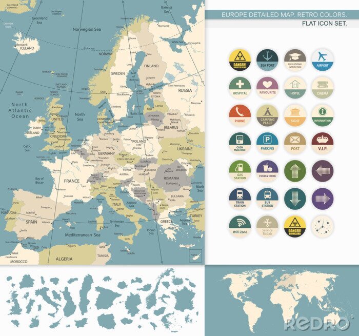 Canvas Europa gedetailleerde map.Retro Kleuren