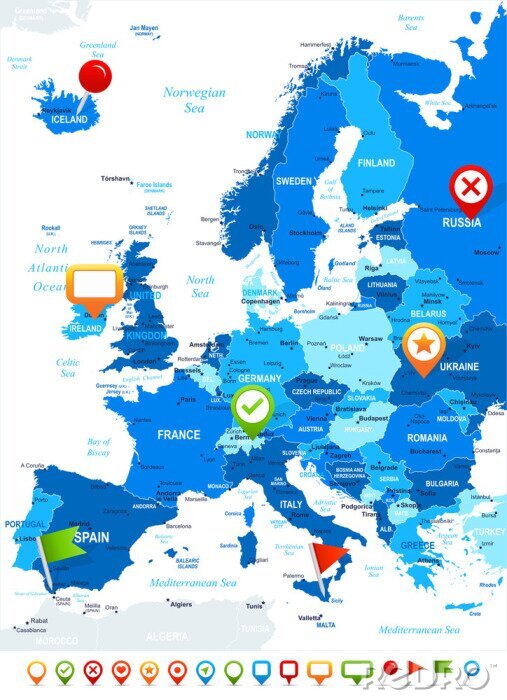 Canvas Europa - kaart en navigatie iconen - illustration.Image bevat de volgende lagen: land contouren, land en land namen, stad, namen water object, navigatie iconen.